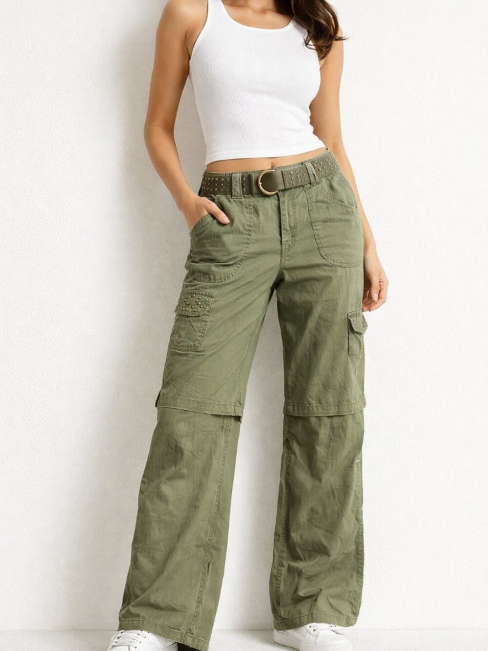 Style Co Olive Green Cargo Pants Womens Wide Leg Studded Belt Y2K NWT Vintage